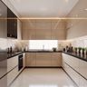 U-Shaped Cream Kitchen Design with High Gloss Finish Cabinets