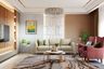 Living Room Design with Beige Sofa and Dusty Rose Armchairs