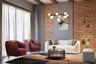 Living Room Design with Textured Sofa and Brick Accent Walls