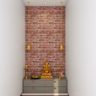 Pooja Unit Design with Brick Wall and Brass Accents