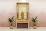 Walnut Bronze Pooja Unit Design with Ornate Backdrop