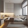 Space-Saving Bedroom with Integrated Storage and Floating Workstation