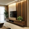 TV Unit Design with Wooden Panels and Marble Backsplash