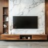 Walnut Bronze TV Unit Design with Marble Backdrop