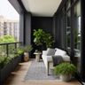Balcony Design With Black Cladding, Matte Black Accent Wall and Coffee Table
