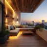 Balcony Design With L-Shaped Seating, Wood Wall and Built-in Bench