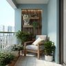 Balcony Design with Planters, Armchair and Vertical Wood Feature