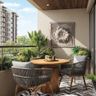 Contemporary Balcony Design with Sculptural Table and Cream Textured Painted Wall