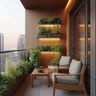 Balcony Design With Wooden Vertical Slat Wall and LED Lighting
