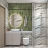 White and Green Marble Tiles Bathroom Design with Round Mirror and Vanity with Cabinet Storage