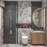 White and Grey Bathroom Design with White Marble and Floating Vanity Unit