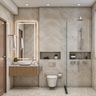 Bathroom Design with Beige Marble Tiles and Fluted Vanity with Drawer