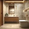 Beige Tiled Bathroom Design with Quartz Countertop and Floating Wooden Vanity