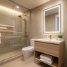 Bathroom Design Featuring Beige Tiles, Floating Vanity and Glass Shower