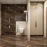 Bathroom Design with Dark Brown Marble and Cream Tiles and Large Storage Cabinets