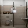 Bathroom Design with Light Beige Tiles and High-Gloss Vanity