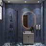 Bathroom Design with Oval Mirror and Textured Blue Walls