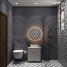 Bathroom Design with Patterned Tile Backsplash and Round Mirror