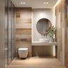 Scandinavian Bathroom Design with Round Mirror and Floating Vanity