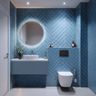 Coastal Bathroom Design with Soft Blue Tiles and Floating Vanity