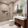 Bathroom Design With Beige Tiles and Floating Vanity