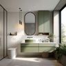 Bathroom Design Featuring Off-White Tiles, Oval Mirror and Floating Vanity