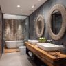 Bathroom Design with Wood Countertop and Grey and Brown Tiles
