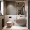 Biege and Brown Bathroom Design with Marble Backsplash and Floating Vanity