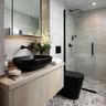 Beige Bathroom Design Featuring Terrazzo Floor and Open Glass Shower