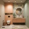 Bathroom Design with Warm Beige Tiles and Round Mirror