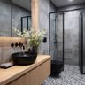 Bathroom Design Featuring Grey Tiles, Rain Shower and Wooden Vanity