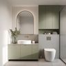 Bathroom Design with Off-White Tiles, Arched Mirror and Floating Vanity