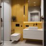 Bathroom Design with Bold Yellow Vanity and Rectangle Mirror