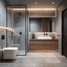 Bathroom Design with Grey Tiles and Wooden Drawer Storage