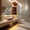 Bathroom Design with Cream-Brown Tiles and Floating Storage