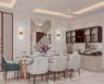 8-Seater Dining Room Design with Plush Off-White Seating and Accent Mirror Wall