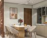 Dining Room Design with Marble Table, Plush Seating and Storage Display