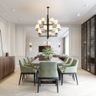 Dining Room Design with Sage Upholstered Chairs, Marble Table and Display Wall