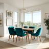 6-Seater Dining Room Design with Teal Velvet Seating and Wooden Table