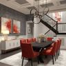 8-Seater Dining Room Design with Red Velvet Seating and Dark Wood Table