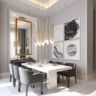 Dining Room Design Featuring Grey Chairs, Marble Table and Mirror