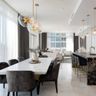 8-Seater Dining Room Design with Marble Table and Dark Grey Chairs