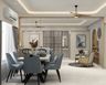 Dining Room Design with Plush Blue Seating and Built-In Storage