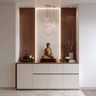 White and Wood Foyer Design with Backlit Marble Niche