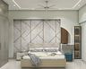Modern Guest Bedroom Design with Geometric Accent Wall and Platform Bed