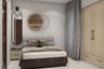 Guest Bedroom Design with Metallic Wall Accent and Tall Vertical Mirror