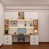 White Home Office Design with L-Shaped Desk and Open Shelving