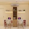 Contemporary Home Office Design with Dual Workstations and Pink Accent Shelving