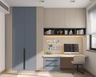 Blue, Beige, Grey and Wood Home Office Design with Floating Desk and Built-In Storage