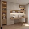 Home Office Design with Warm Wood Storage and Floating Shelves